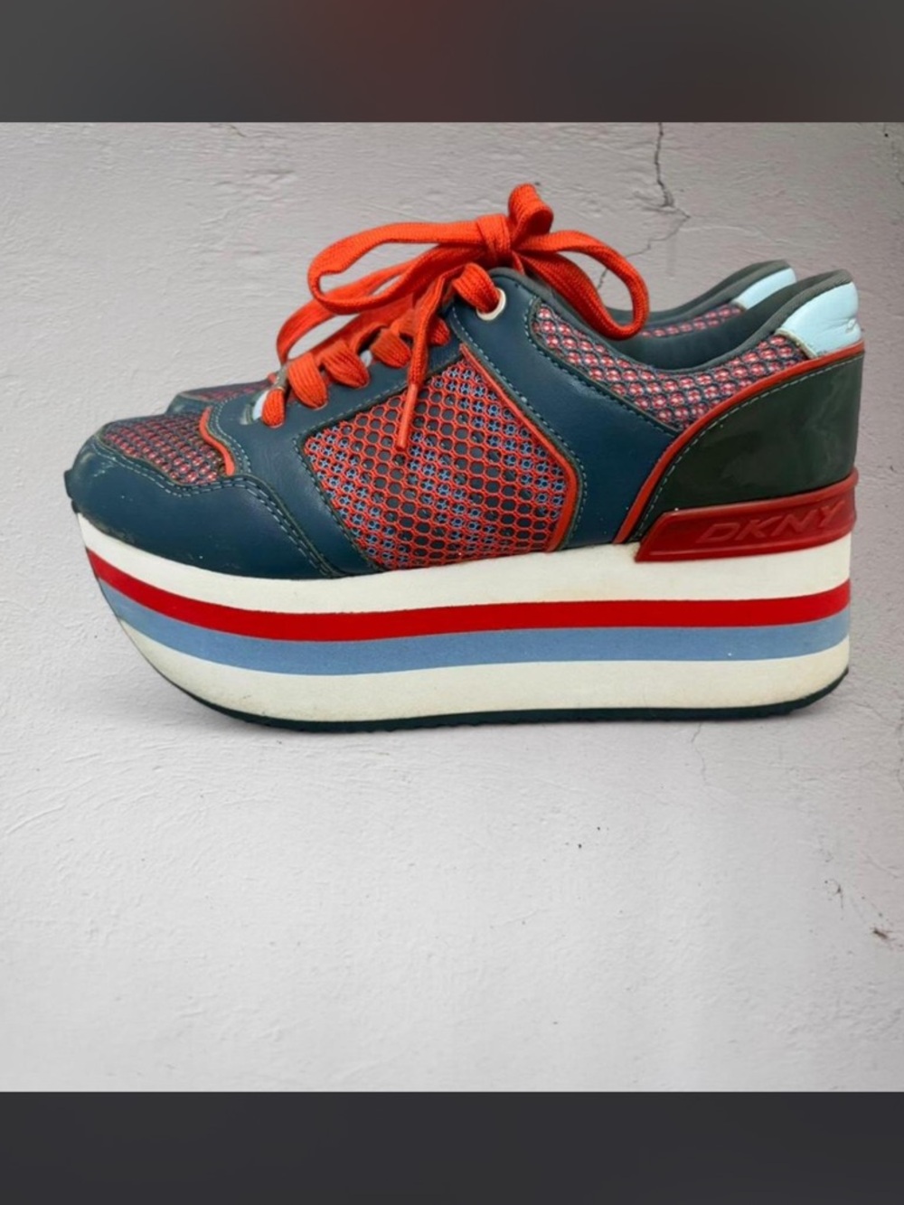 Vintage 90s Cyber Y2K Chunky DKNY Platform Sneaker in Navy & Red